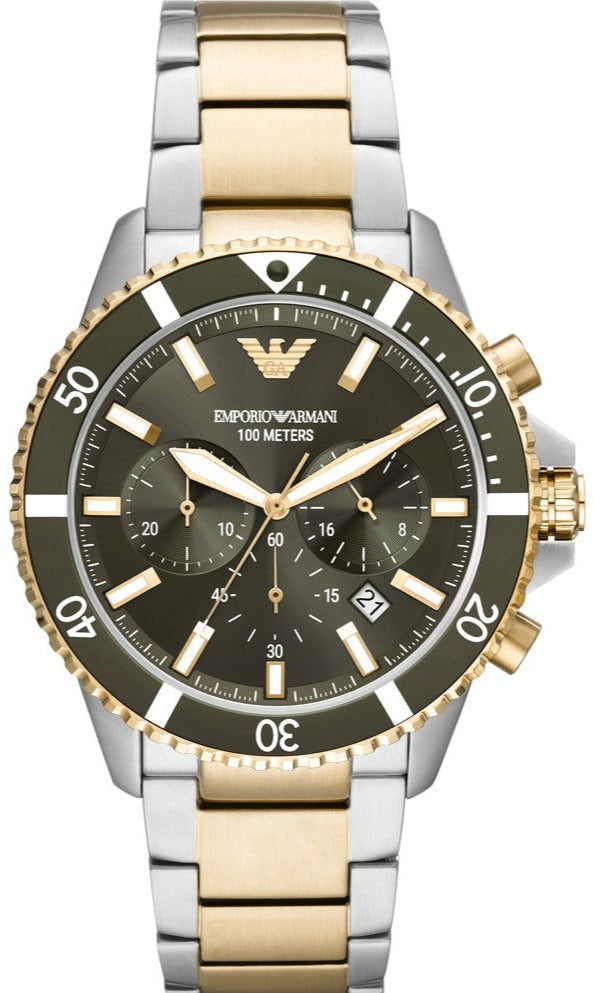 Emporio Armani Diver Chronograph Green Dial Two Tone Steel Strap Watch For Men - AR11361 Buy Now By Emporio Armani