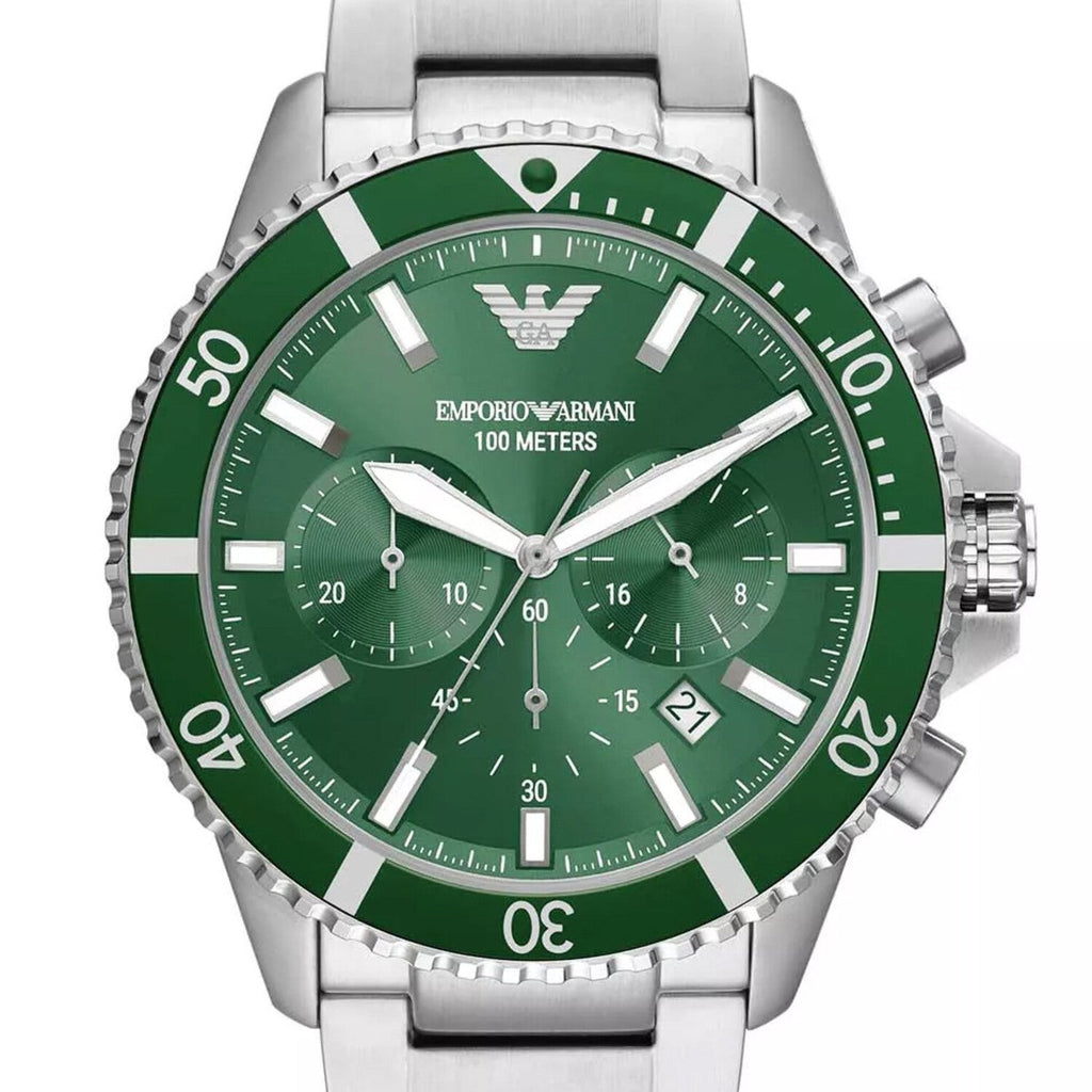 Emporio Armani Diver Chronograph Green Dial Silver Steel Strap Watch For Men - AR11500 Buy Now By Emporio Armani