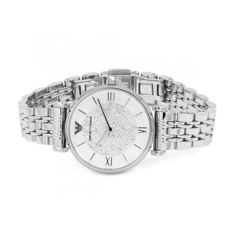 Emporio Armani Gianni T Bar White Crystal Pave Dial Silver Stainless Steel Strap Watch For Women - AR1925 Buy Now By Emporio Armani