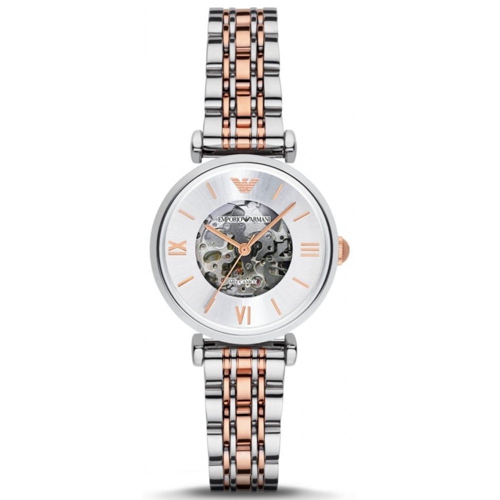 Emporio Armani Gianni T Bar Silver Skeleton Dial Two Tone Strap Watch For Women - AR1992 Buy Now By Emporio Armani