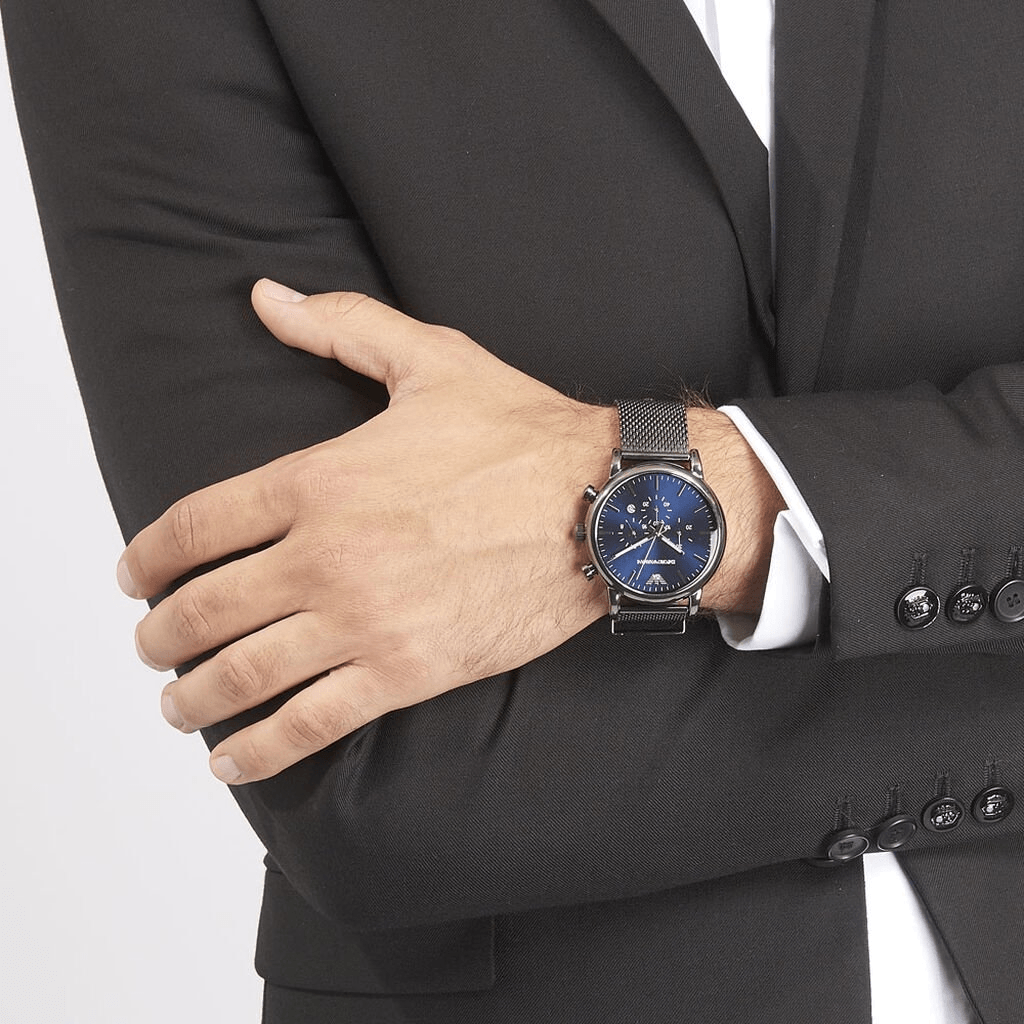 Emporio Armani Chronograph Blue Dial Gun Metallic Mesh Bracelet Watch For Men - AR1979 Buy Now By Emporio Armani