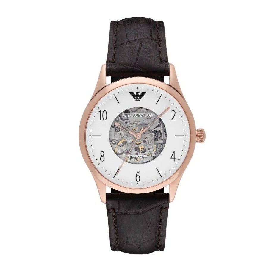 Emporio Armani Meccanico White Dial Brown Leather Strap Watch For Men - AR1920 Buy Now By Emporio Armani