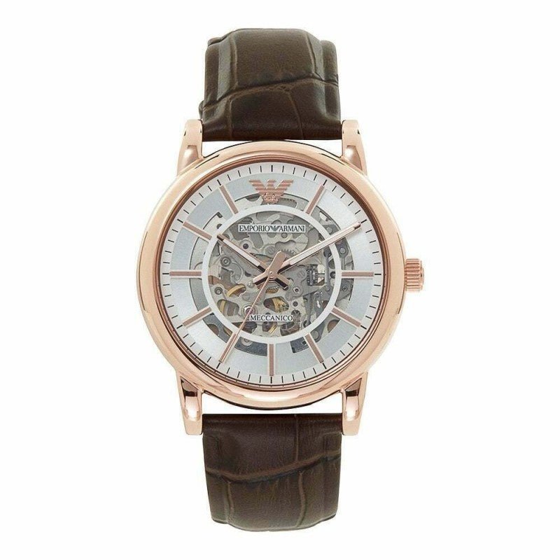 Emporio Armani Meccanico Silver Skeleton Dial Brown Leather Strap Watch For Men - AR1983 Buy Now By Emporio Armani