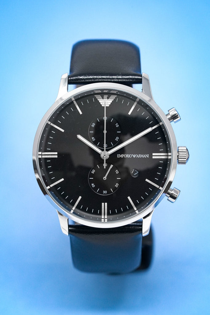 Emporio Armani Gianni Chronograph Black Dial Black Leather Strap Watch For Men - AR0397 Buy Now By Emporio Armani