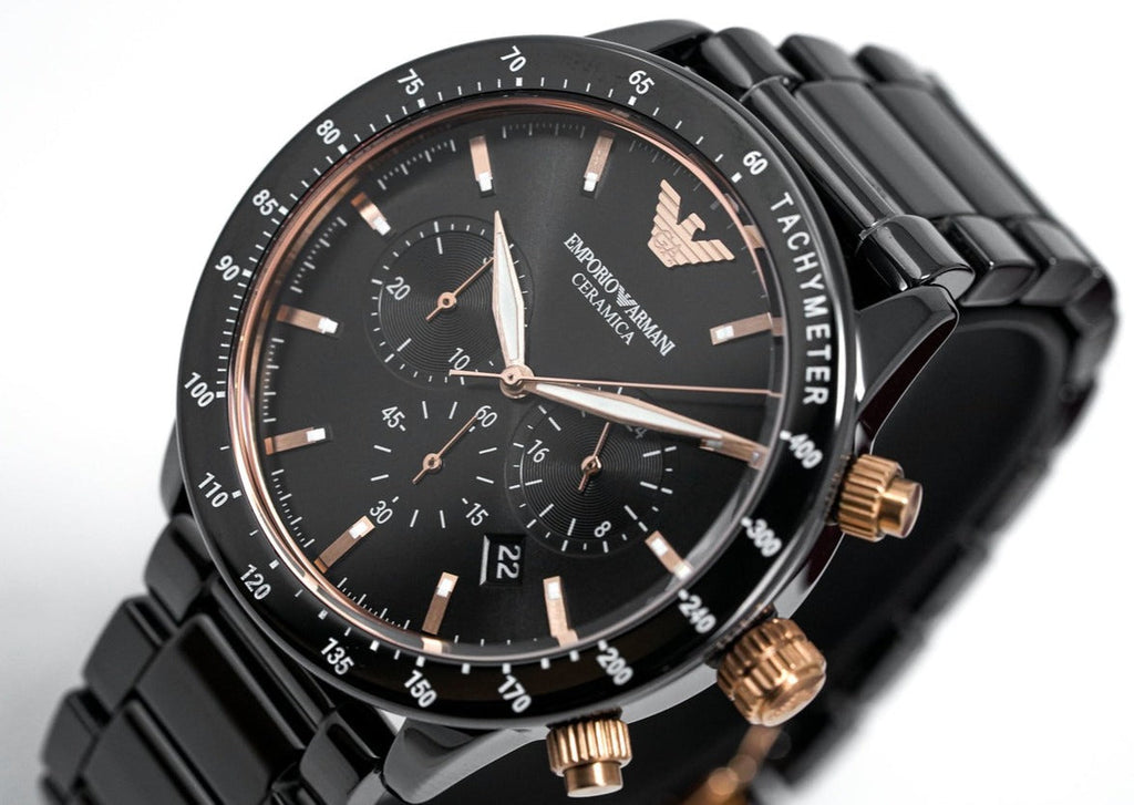 Emporio Armani Mario Ceramic Chronograph Black Dial Black Steel Strap Watch For Men - AR70002 Buy Now By Emporio Armani
