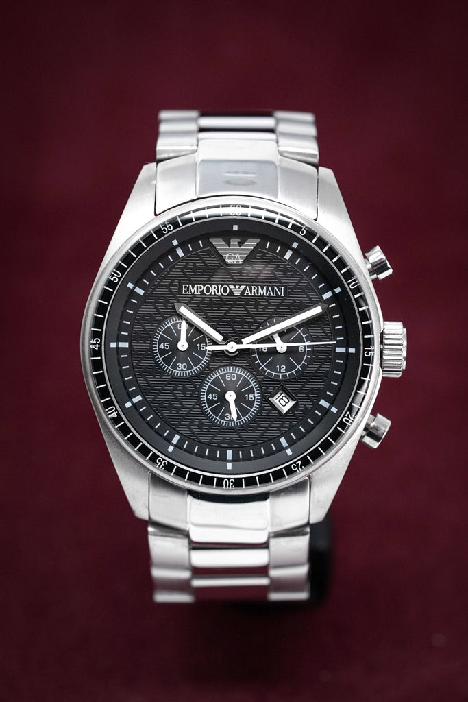 Emporio Armani Sportivo Chronograph Black Dial Silver Stainless Steel Watch For Men - AR0585 Buy Now By Emporio Armani