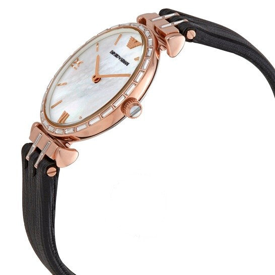 Emporio Armani Gianni T-Bar Mother of Pearl Dial Black Leather Strap Watch For Women - AR11295 Buy Now By Emporio Armani