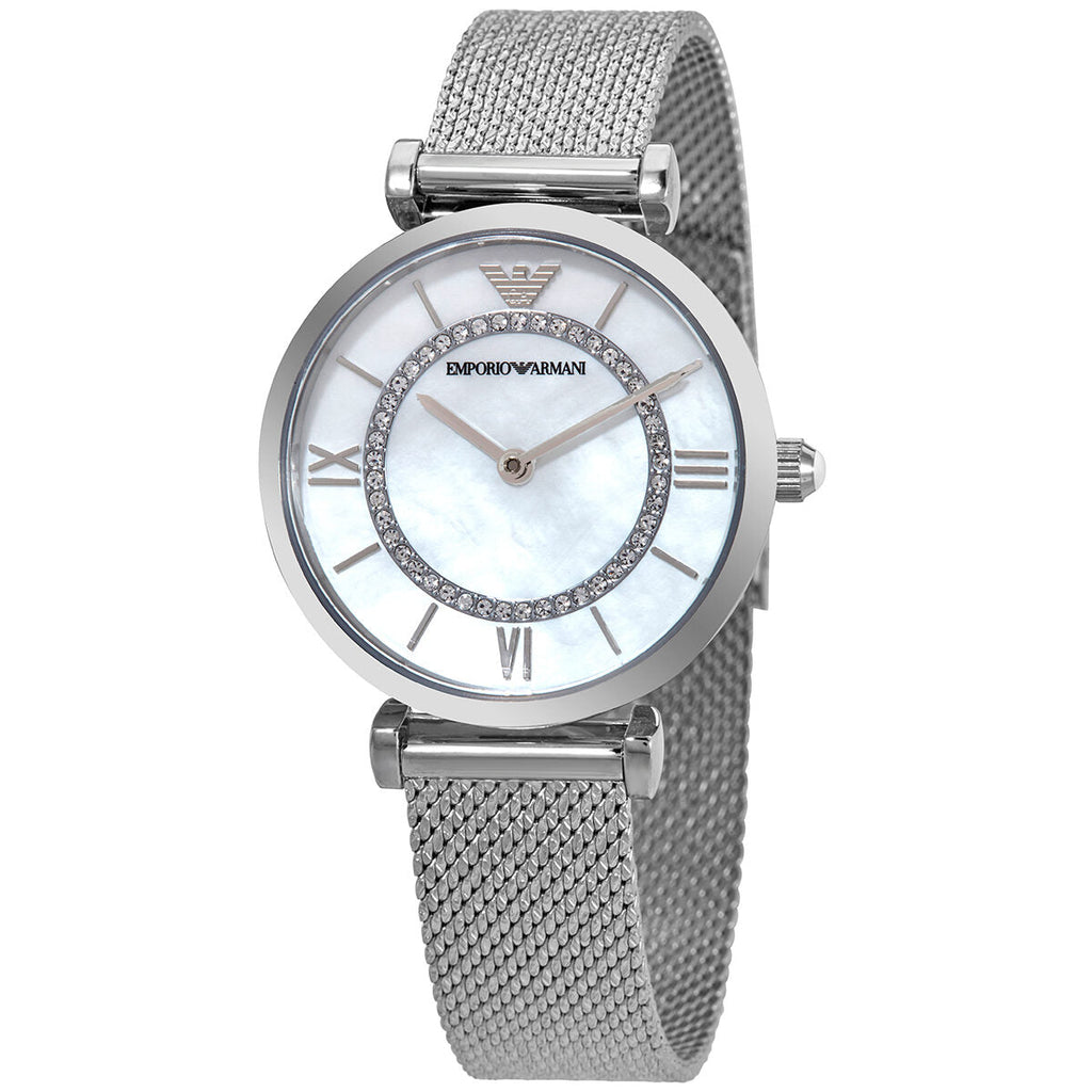 Emporio Armani Gianni T-Bar Quartz Mother of Pearl Dial Silver Mesh Bracelet Watch For Women - AR11319 Buy Now By Emporio Armani