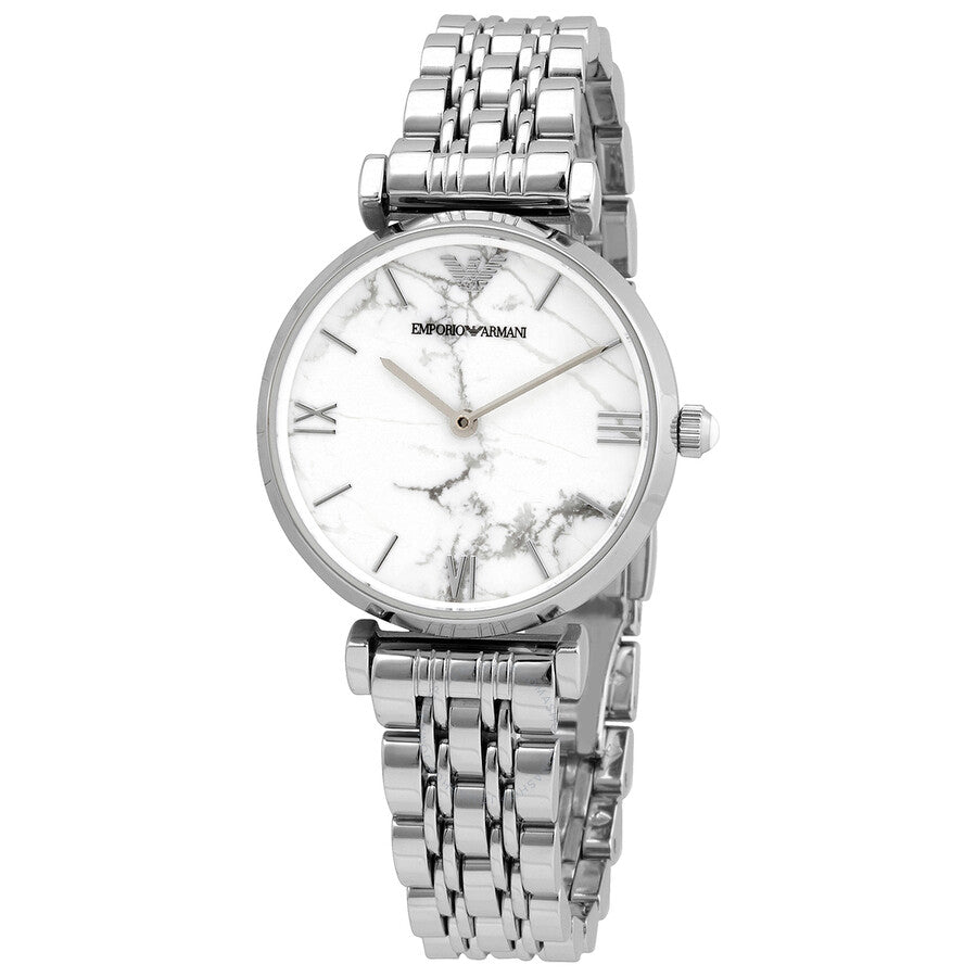 Emporio Armani Gianni T Bar White Marble Dial Silver Steel Strap Watch For Women - AR11170 Buy Now By Emporio Armani