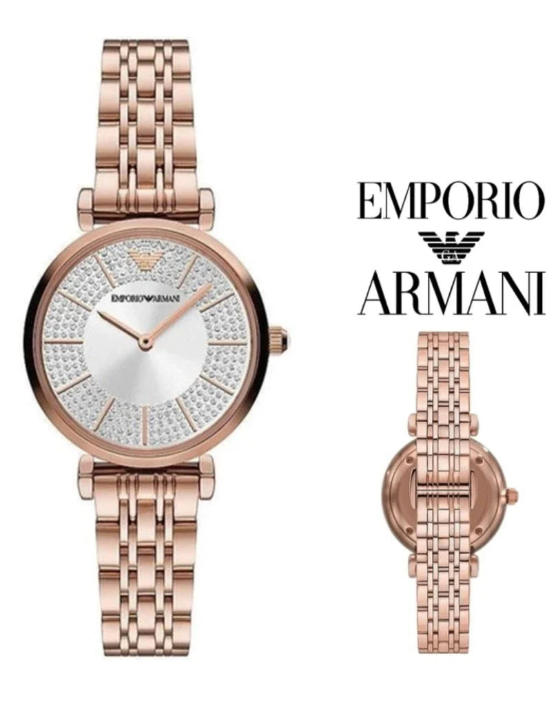 Emporio Armani Gianni T-Bar Crystals Silver Dial Rose Gold Steel Strap Watch For Women - AR11446 Buy Now By Emporio Armani