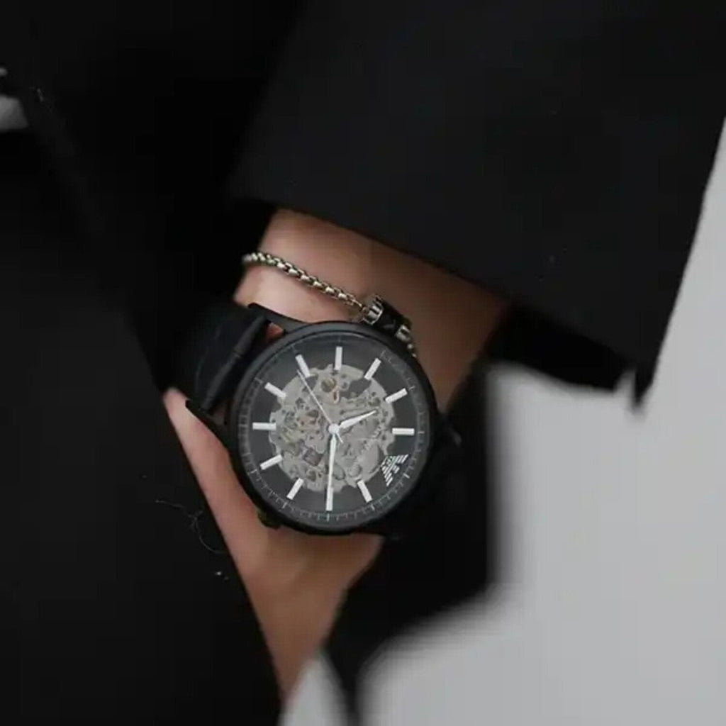 Emporio Armani Meccanico Automatic Black Dial Black Leather Strap Watch For Men - AR60042 Buy Now By Emporio Armani