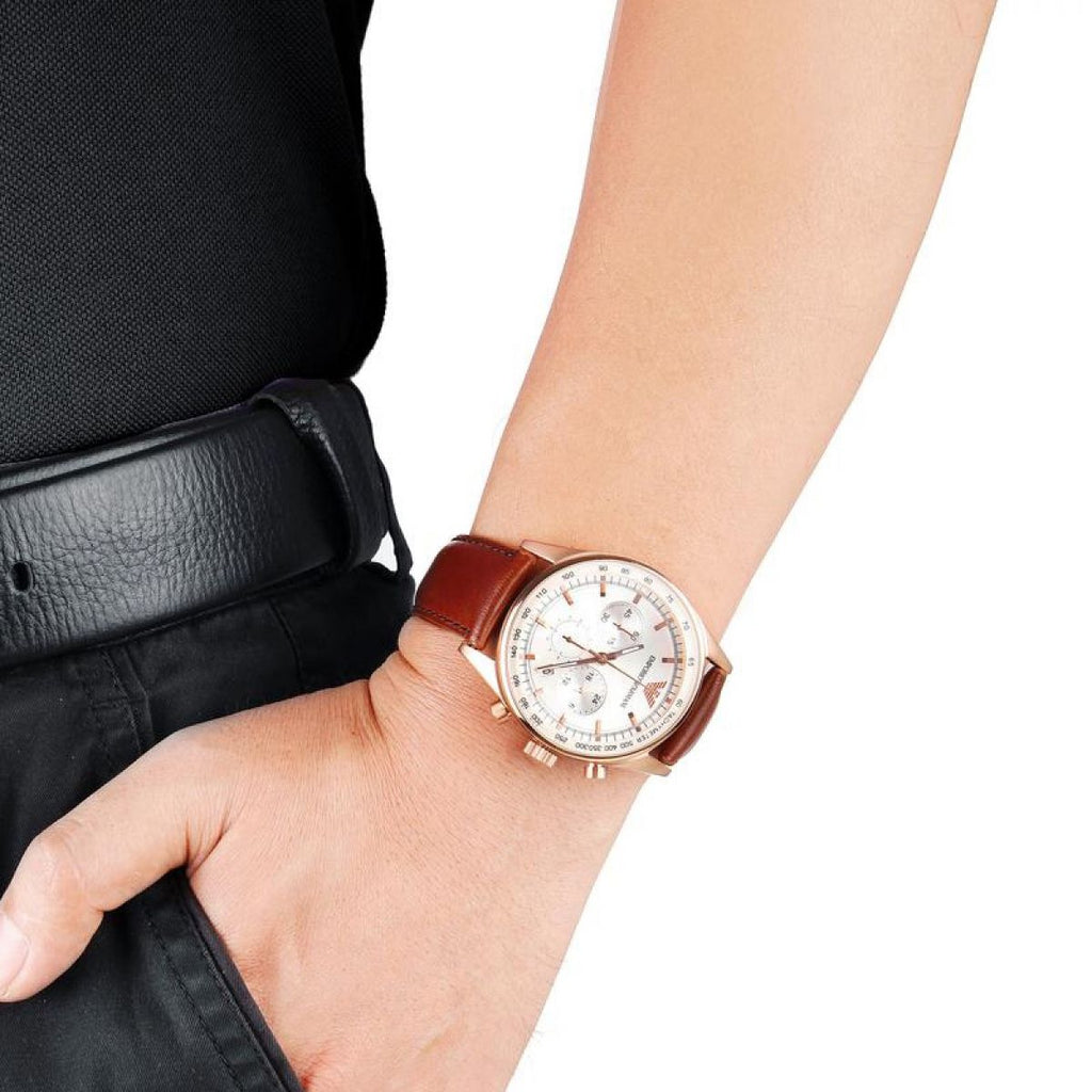 Emporio Armani Sportivo Chronograph White Dial Brown Leather Strap Watch For Men - AR5996 Buy Now By Emporio Armani