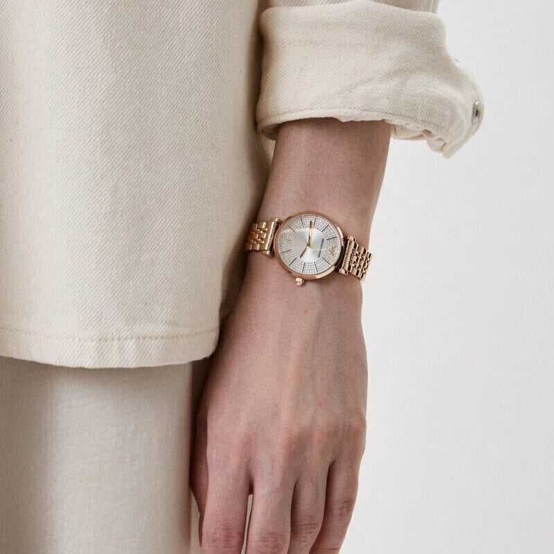 Emporio Armani Gianni T-Bar Crystals Silver Dial Rose Gold Steel Strap Watch For Women - AR11446 Buy Now By Emporio Armani
