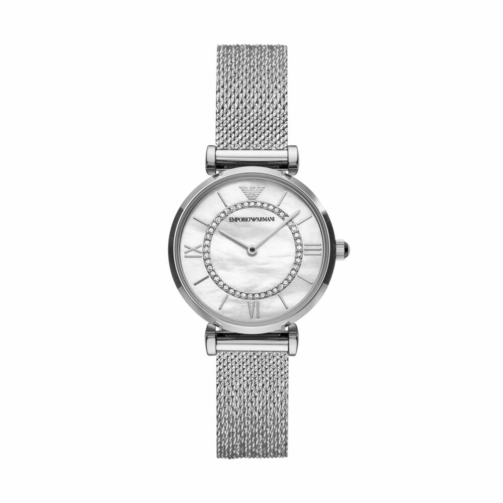 Emporio Armani Gianni T-Bar Quartz Mother of Pearl Dial Silver Mesh Bracelet Watch For Women - AR11319 Buy Now By Emporio Armani