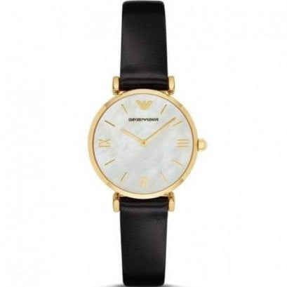 Emporio Armani Gianni T-Bar Quartz Mother of Pearl Dial Black Leather Strap Watch For Women - AR1910 Buy Now By Emporio Armani