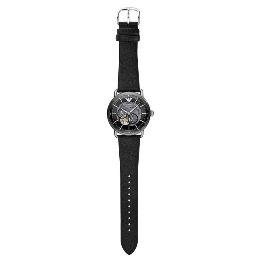 Emporio Armani Meccanico Skeleton Black Dial Black Leather Strap Watch For Men - AR60026 Buy Now By Emporio Armani