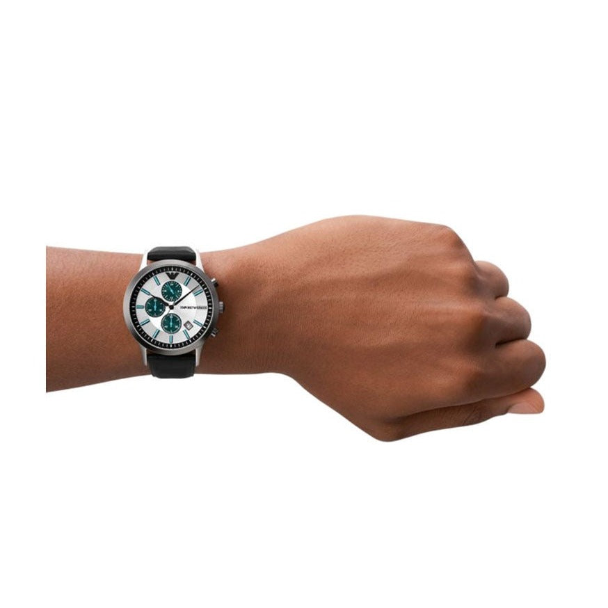 Emporio Armani Renato Chronograph Silver Dial Black Leather Strap Watch for Men - AR11473 Buy Now By Emporio Armani