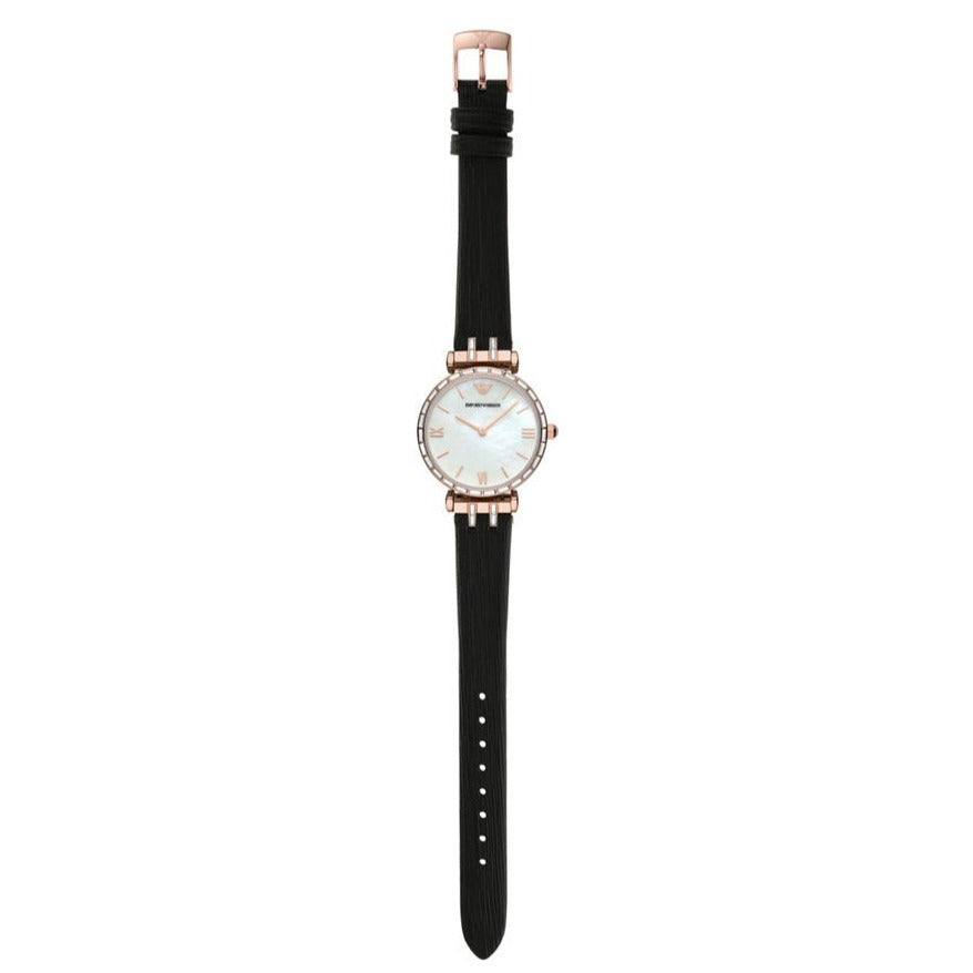 Emporio Armani Gianni T-Bar Mother of Pearl Dial Black Leather Strap Watch For Women - AR11295 Buy Now By Emporio Armani