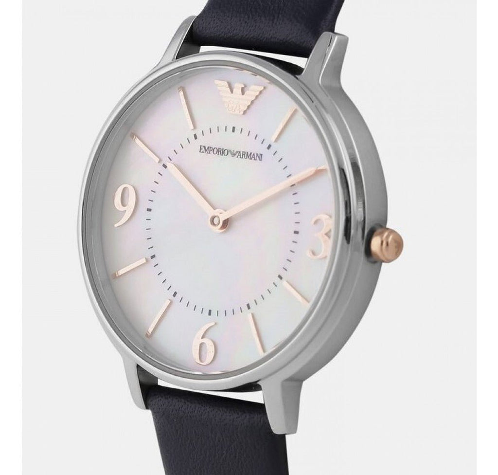 Emporio Armani Kappa White Mother of Pearl Dial Black Leather Strap Watch For Women - AR2509 Buy Now By Emporio Armani