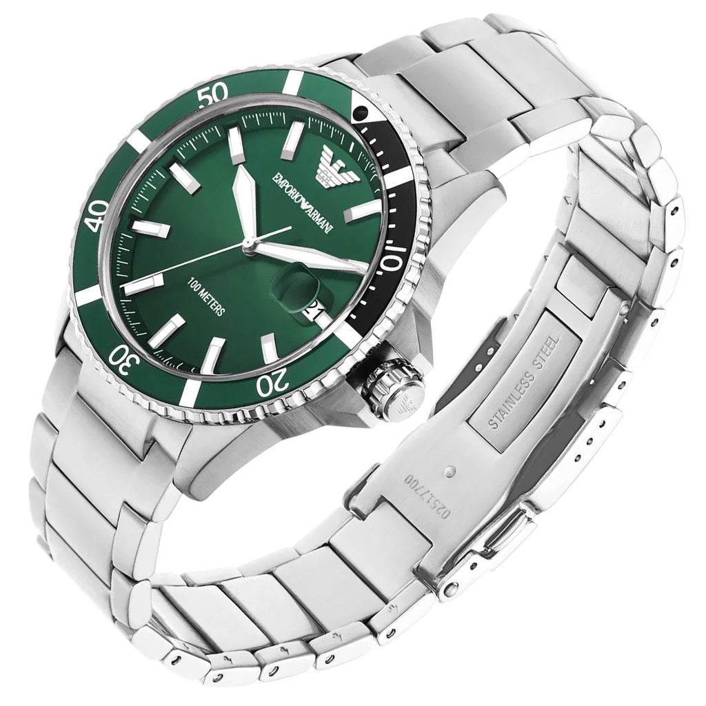 Emporio Armani Three Hand Green Dial Silver Steel Strap Watch For Men - AR11338 Buy Now By Emporio Armani