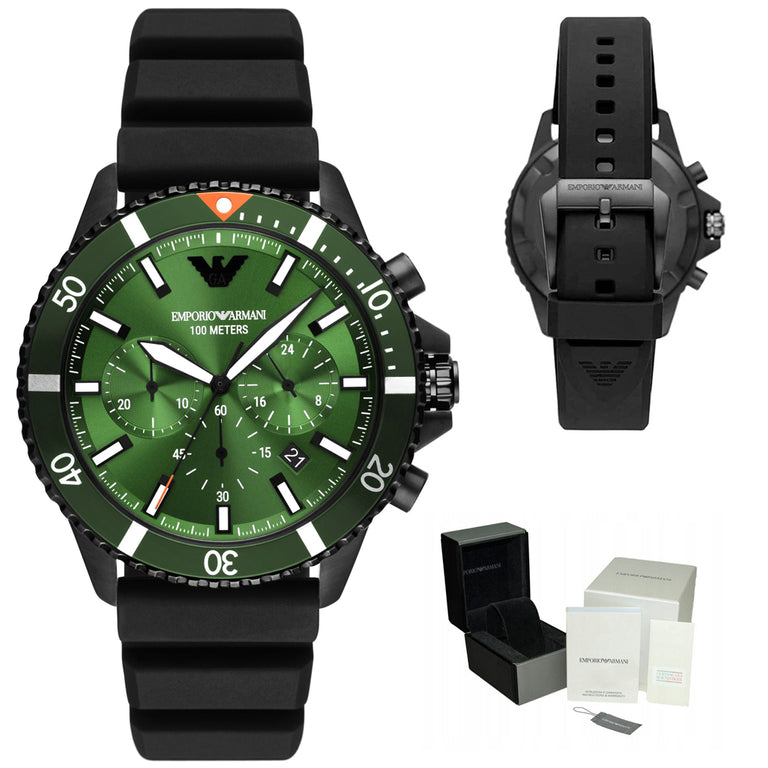 Emporio Armani Diver Chronograph Quartz Green Dial Black Silicon Strap Watch For Men - AR11463 Buy Now By Emporio Armani