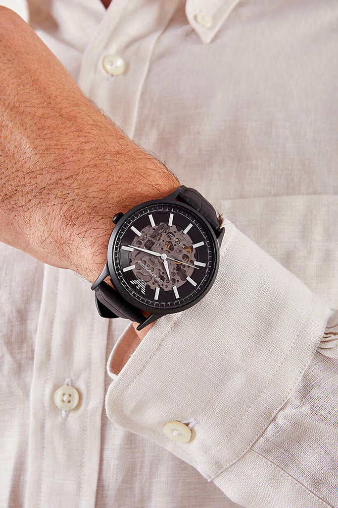 Emporio Armani Meccanico Automatic Black Dial Black Leather Strap Watch For Men - AR60042 Buy Now By Emporio Armani