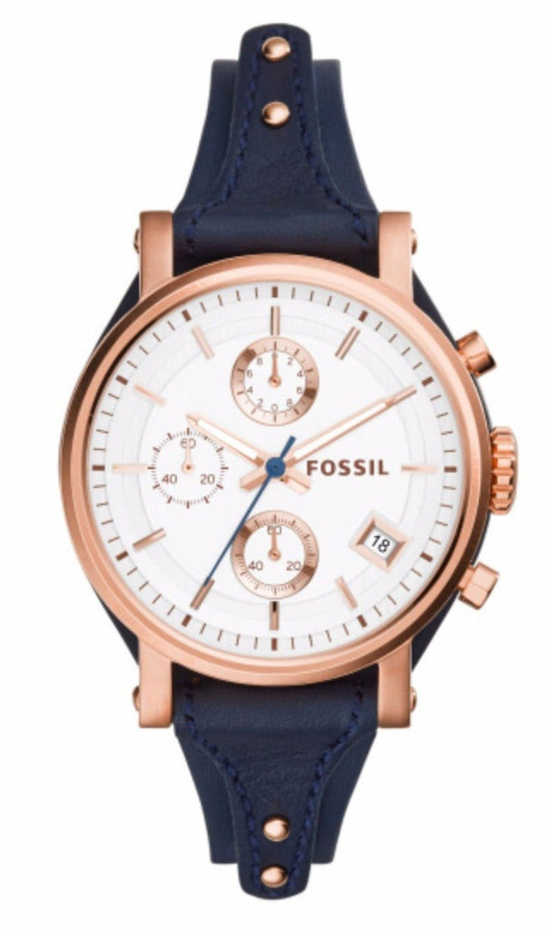 Fossil Original Boyfriend Chronograph White Dial Navy Blue Leather Strap Watch for Women - ES3838 Buy Now By Fossil