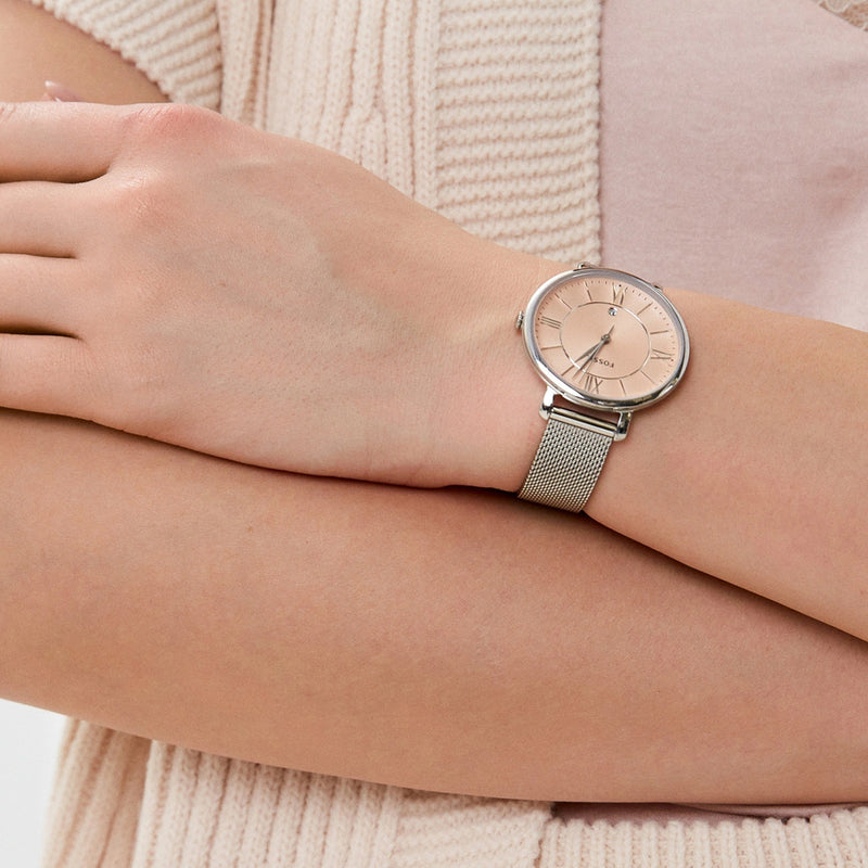 Fossil Jacqueline Three Hand Pink Dial Silver Mesh Strap Watch for Women - ES5089 Buy Now By Fossil