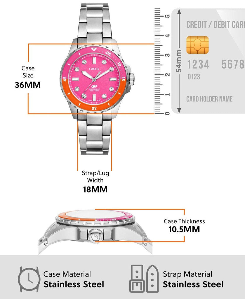 Fossil Blue Dive Analog Pink Dial Silver Steel Strap Watch For Women - ES5351 Buy Now By Fossil