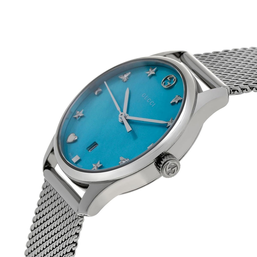 Gucci G-Timeless Turquoise Mother of Pearl Dial Silver Mesh Bracelet Watch For Women - YA126582 Buy Now By Gucci