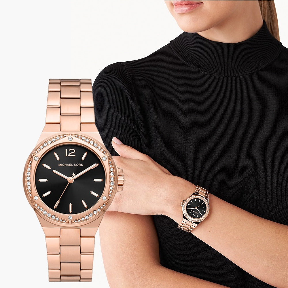Michael Kors Lennox Three-Hand Black Dial Rose Gold Steel Strap Watch For Women - MK7233 Buy Now By Michael Kors