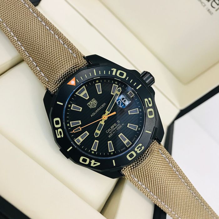 Tag Heuer Aquaracer 300 Calibre 5 Automatic Black Dial Brown Nylon Strap Watch for Men - WAY208C.FC6383 Buy Now By Tag Heuer