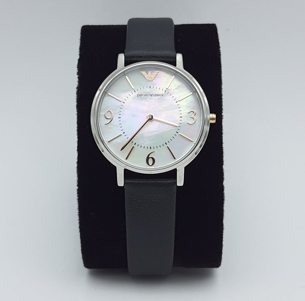 Emporio Armani Kappa White Mother of Pearl Dial Black Leather Strap Watch For Women - AR2509 Buy Now By Emporio Armani
