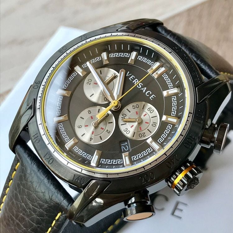 Versace V Ray Chronograph Grey Dial Black Leather Strap Watch for Men - VDB020014 Buy Now By Versace
