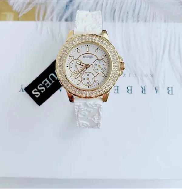 Guess Crown Jewel Multifunction Diamonds White Dial White Leather Strap Watch for Women - GW0411L1 Buy Now By Guess