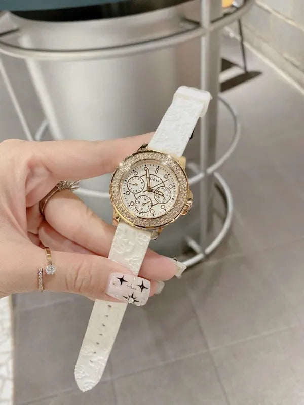 Guess Crown Jewel Multifunction Diamonds White Dial White Leather Strap Watch for Women - GW0411L1 Buy Now By Guess