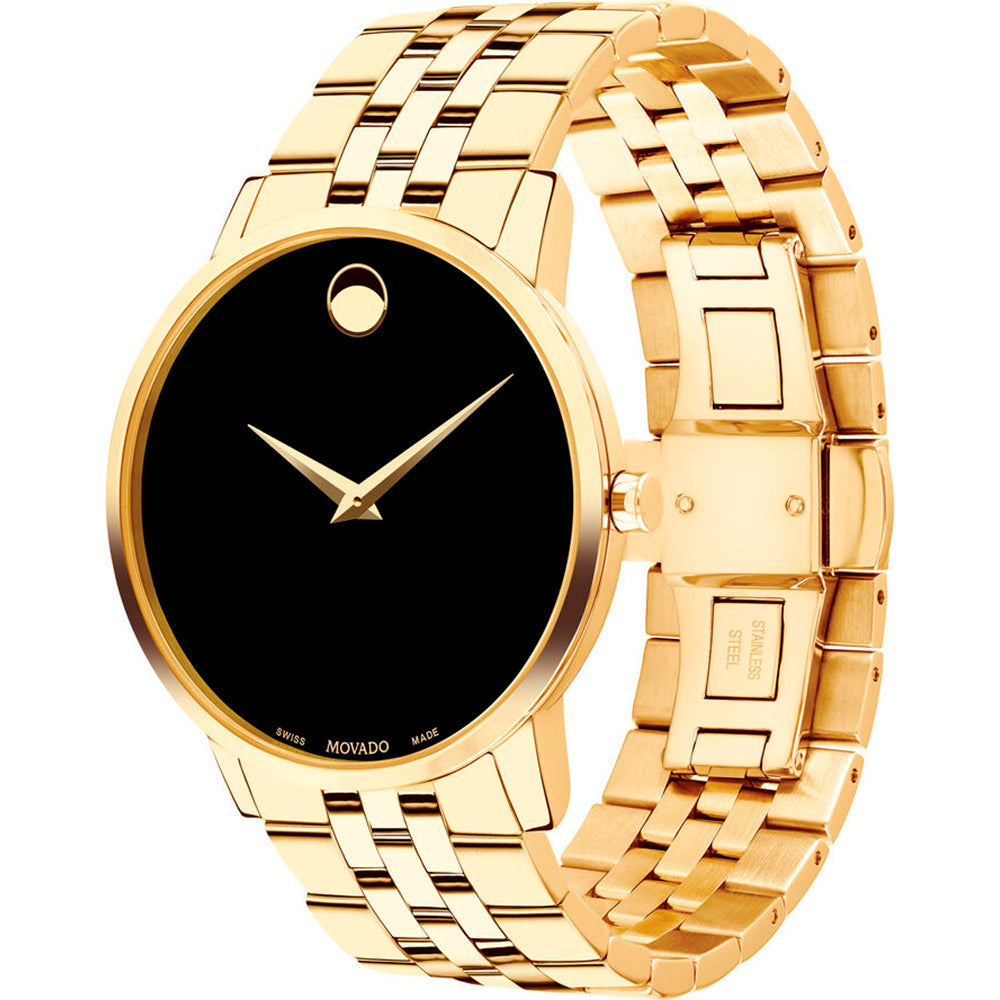 Movado Museum Black Dial Gold Steel Strap Watch For Men - 606997 Buy Now By Movado