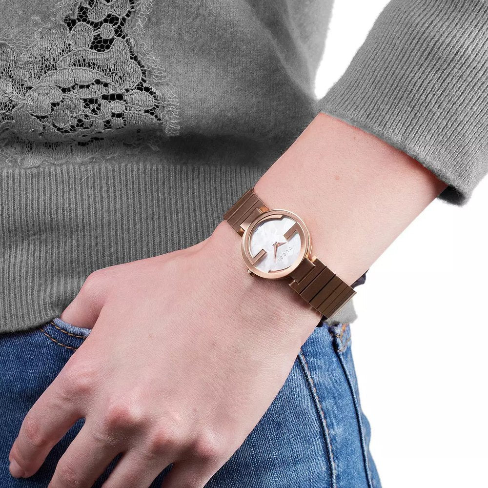 Gucci G Interlocking Mother of Pearl Dial Rose Gold Steel Strap Watch For Women - YA133515 Buy Now By Gucci