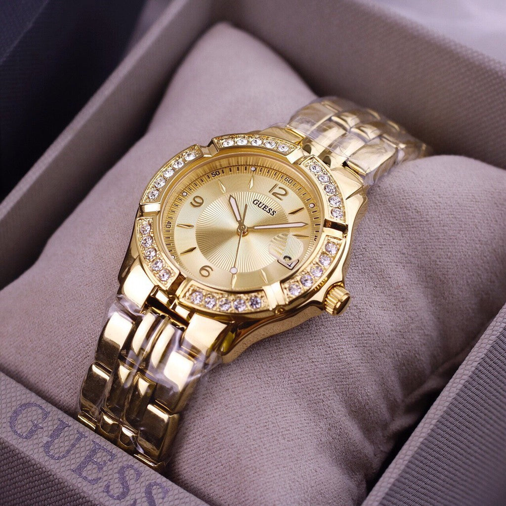 Guess Dazzling Diamonds Gold Dial Gold Steel Strap Watch for Women - W85110L1 Buy Now By Guess