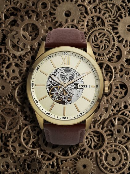 Fossil Flynn Mechanical Skeleton Beige Dial Brown Leather Strap Watch for Men - BQ2215 Buy Now By Fossil
