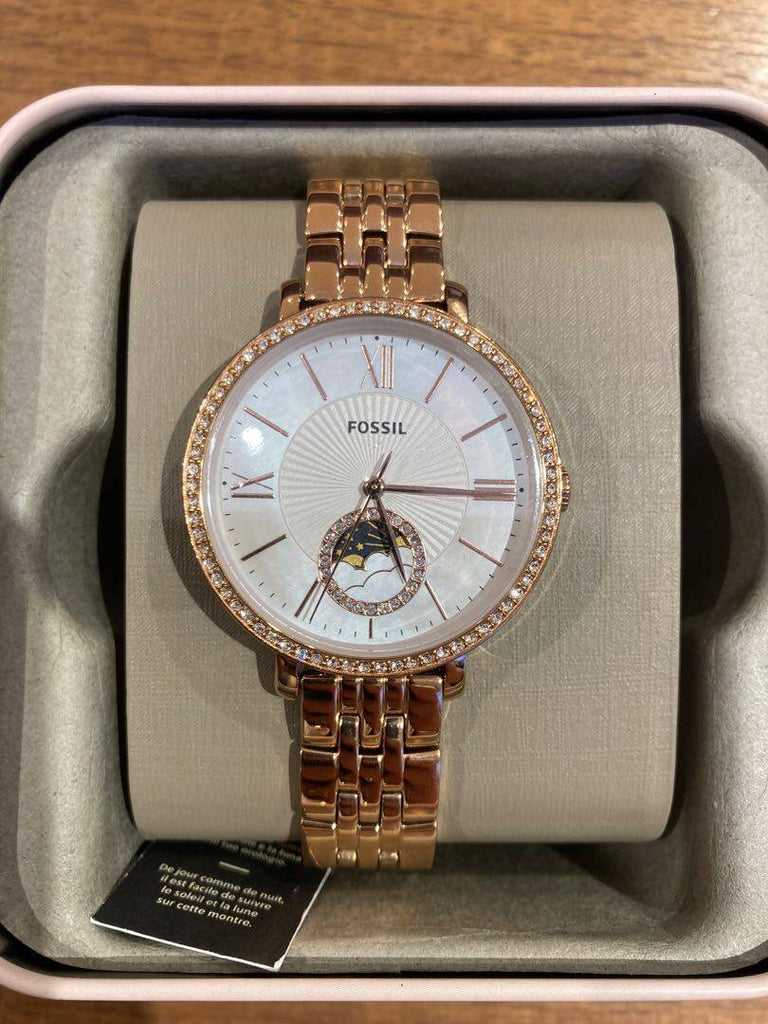 Fossil Jacqueline Analog Moonphase Mother of Pearl White Dial Rose Gold Steel Strap Watch for Women - ES5165