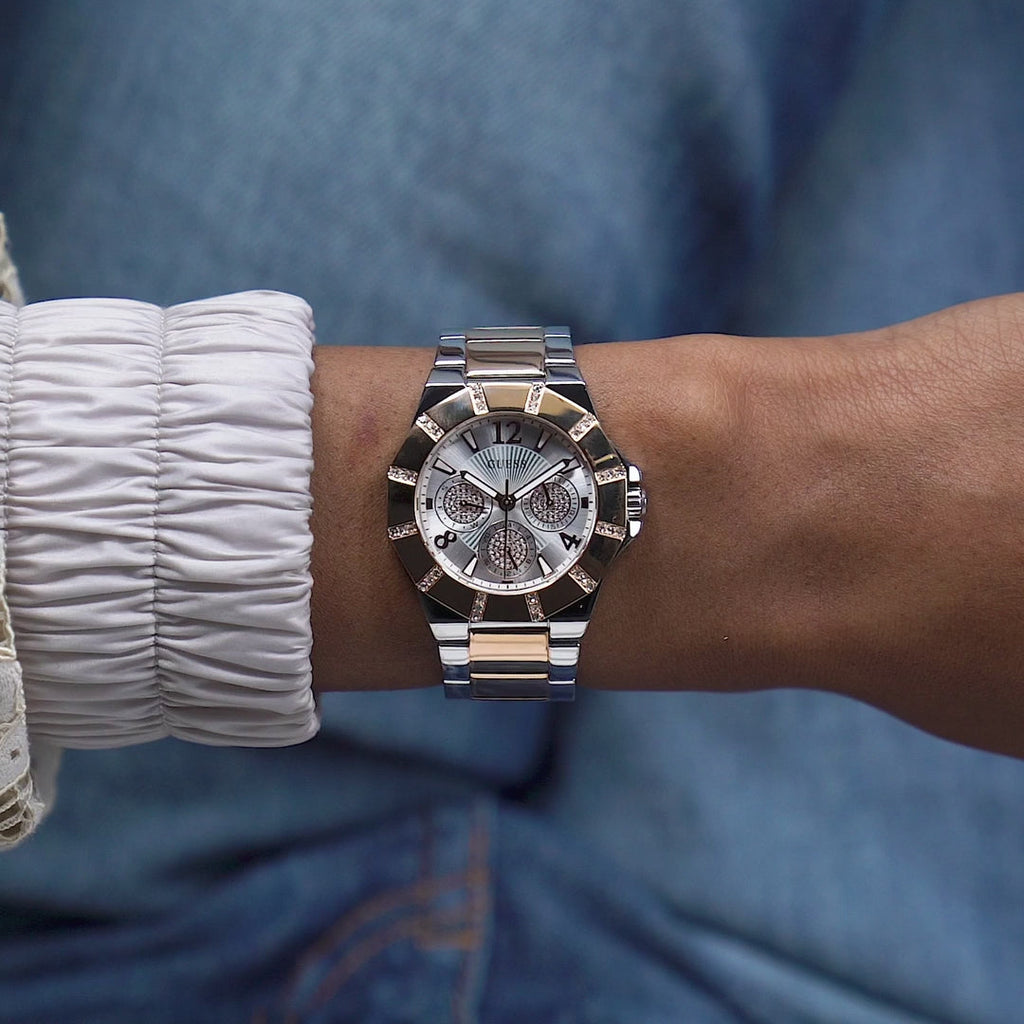 Guess Sunray Multifunction Crystals Silver Dial Two Tone Steel Strap Watch For Women - GW0616L3 Buy Now By Guess