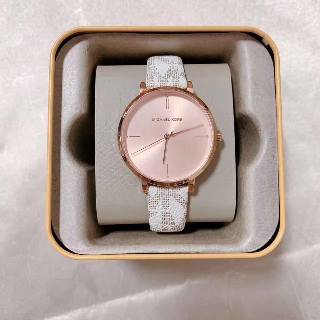 Michael Kors Jayne Three Hand Rose Gold Dial White Leather Strap Watch For Women - MK7128 Buy Now By Michael Kors