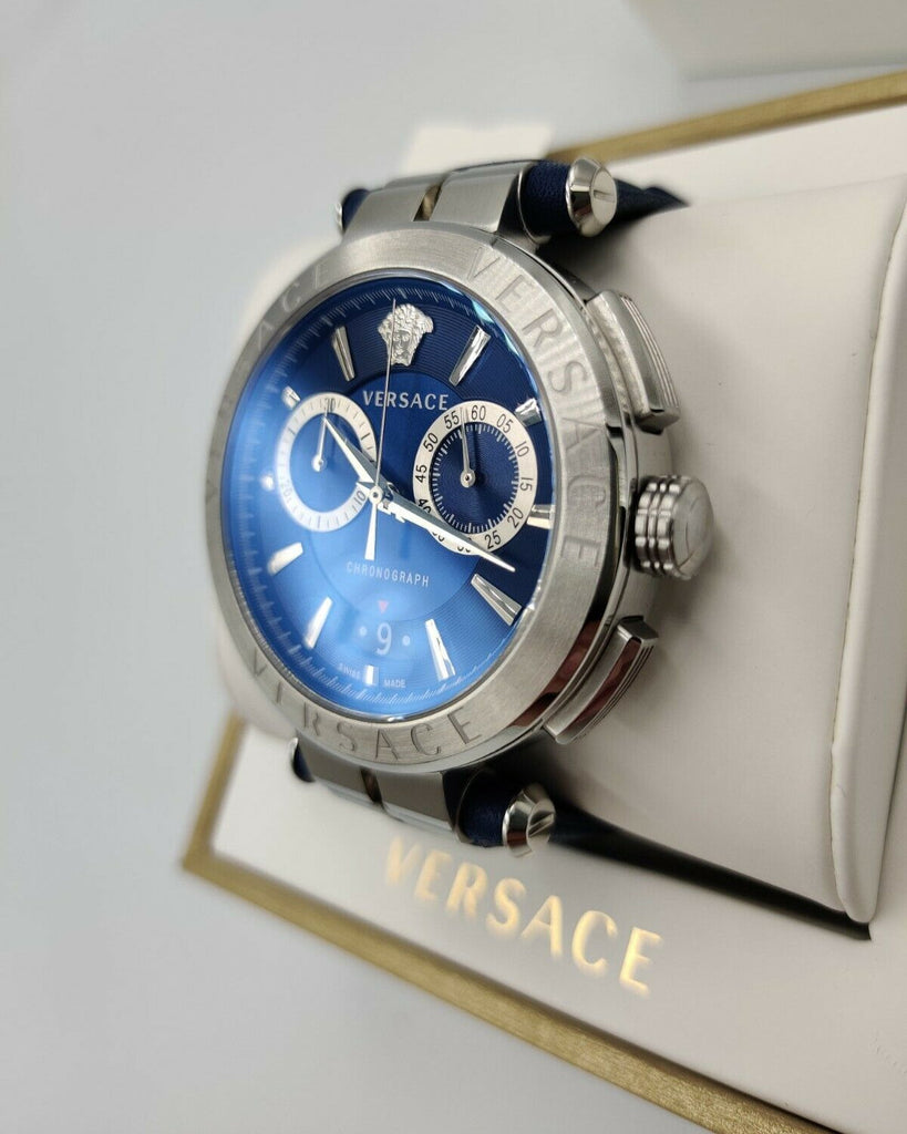 Versace Aion Chronograph Blue Dial Blue Leather Strap Watch for Men - VE1D01220 Buy Now By Versace
