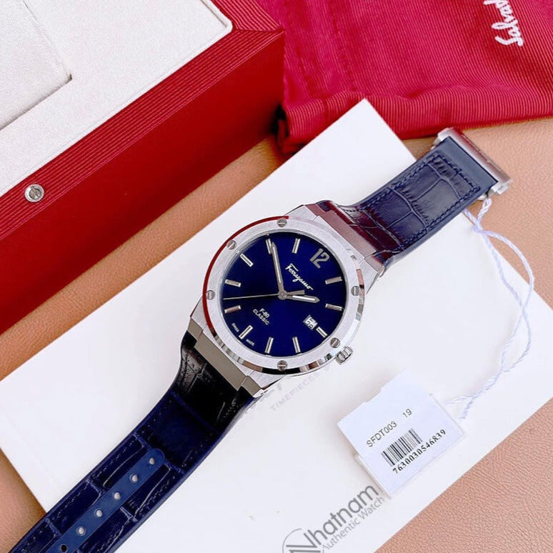 Salvatore Ferragamo F-80 Classic Blue Dial Blue Leather Strap Watch for Men - SFDT00319