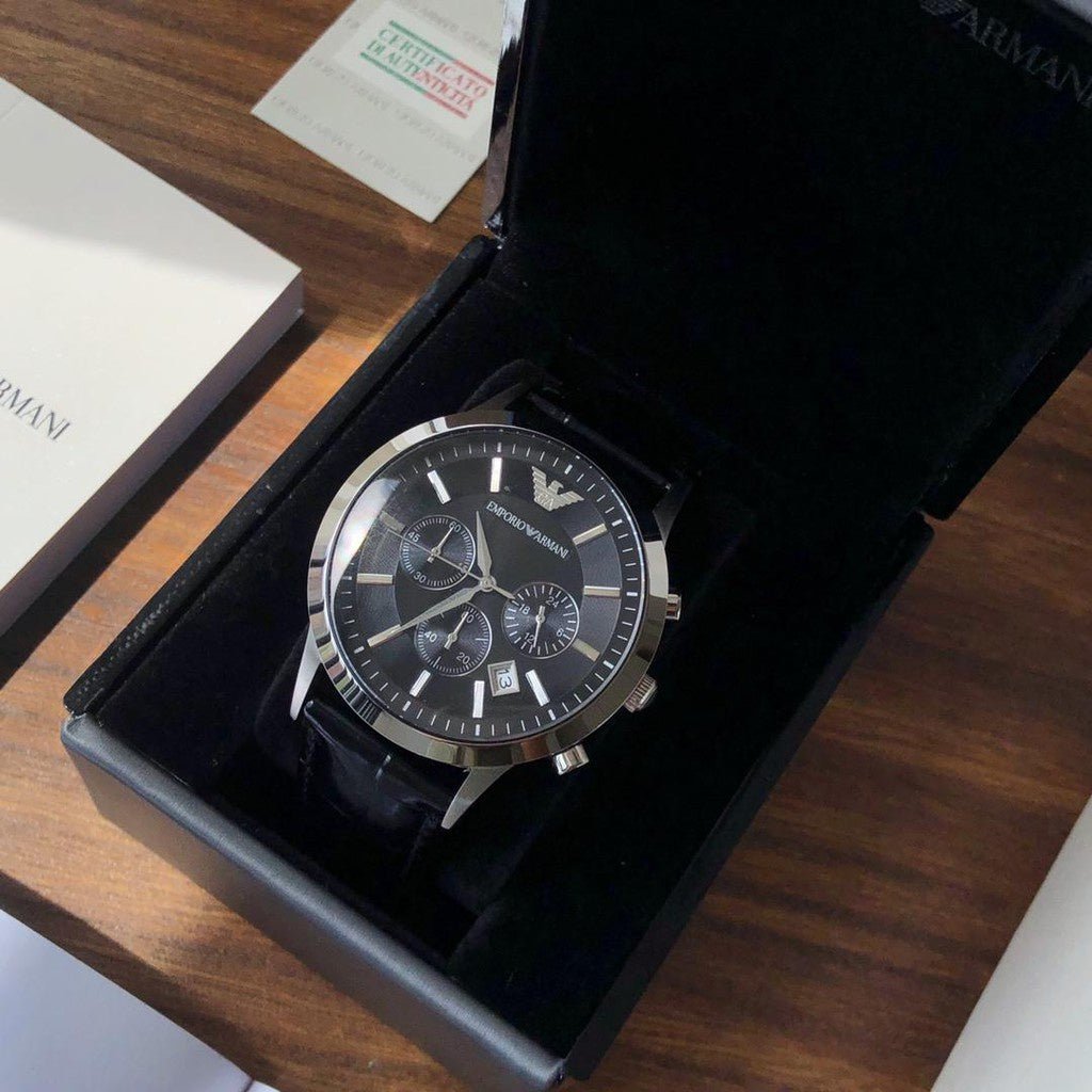 Emporio Armani Renato Chronograph Black Dial Black Leather Strap Watch For Men - AR2447 Buy Now By Emporio Armani