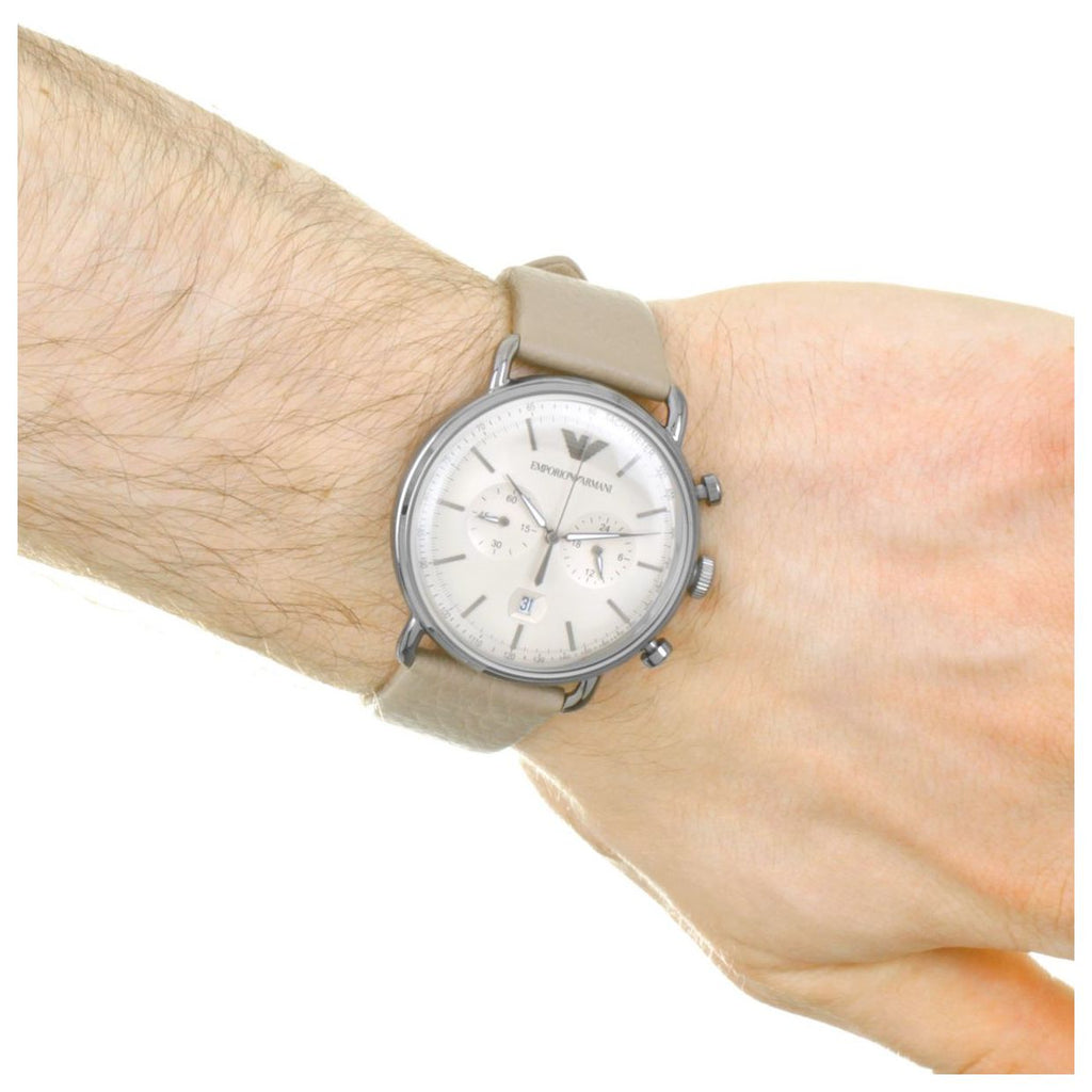 Emporio Armani Aviator Chronograph Quartz Grey Dial Beige Leather Strap Watch For Men - AR11107 Buy Now By Emporio Armani