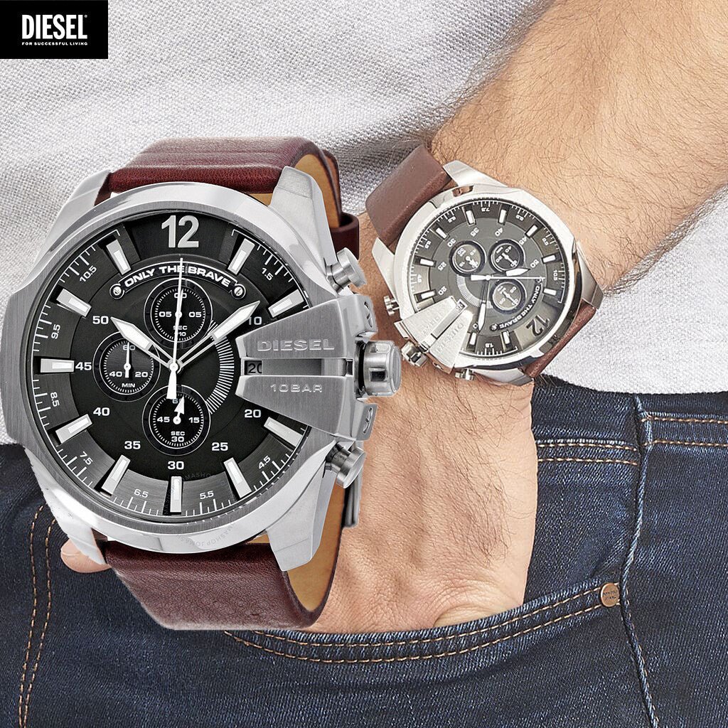 Diesel Mega Chief Chronograph Black Dial Brown Leather Strap Watch For Men - DZ4290 Buy Now By Diesel