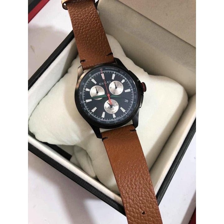 Gucci G-Timeless Chronograph Black Dial Brown Leather Strap Watch For Men - YA126271 Buy Now By Gucci