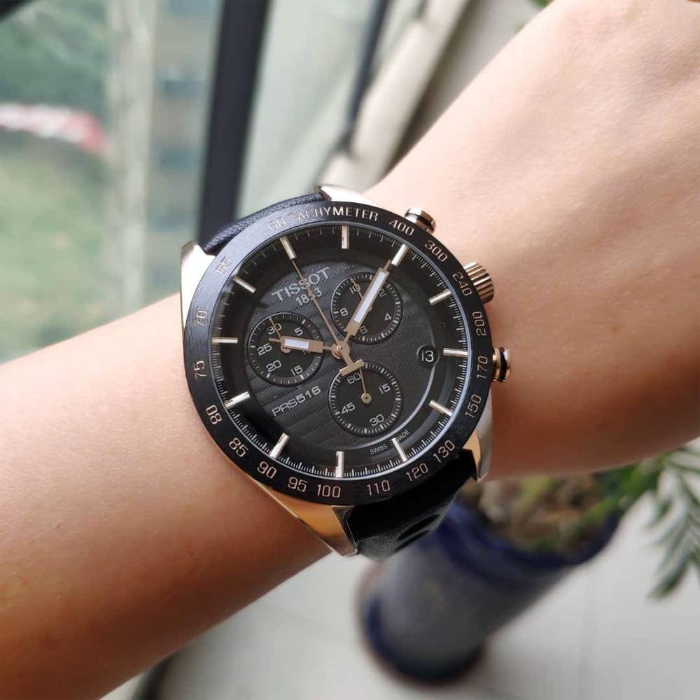 Tissot PRS 516 Chronograph Black Dial Black Leather Strap Watch For Men - T100.417.36.051.00 Buy Now By Tissot